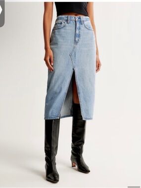Abercrombie & Fitch Light Wash Denim Midi Skirt with Front Slit